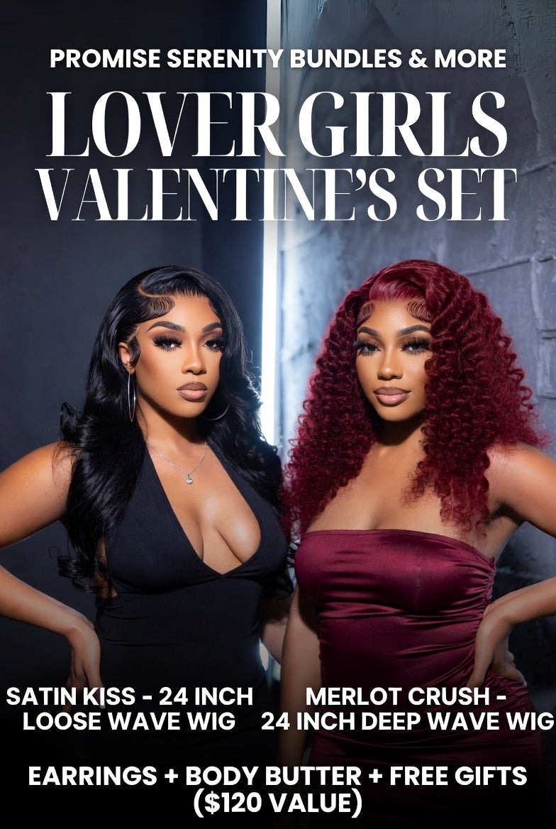 Two women with styled hair posing against a dark background, promoting a Valentine's Day wig set offer.
